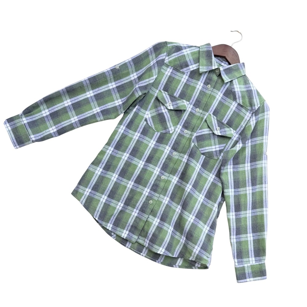 Design In Italy Green Grey Plaid Flannel Button Down Western Shirt Small